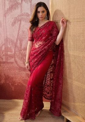 Maroon Embroidered Net Saree Set