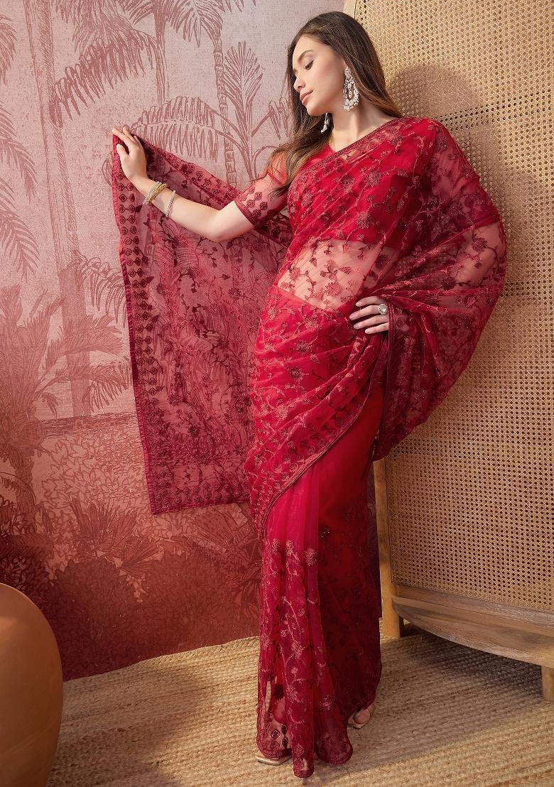 Maroon Embroidered Net Saree Set - Indya