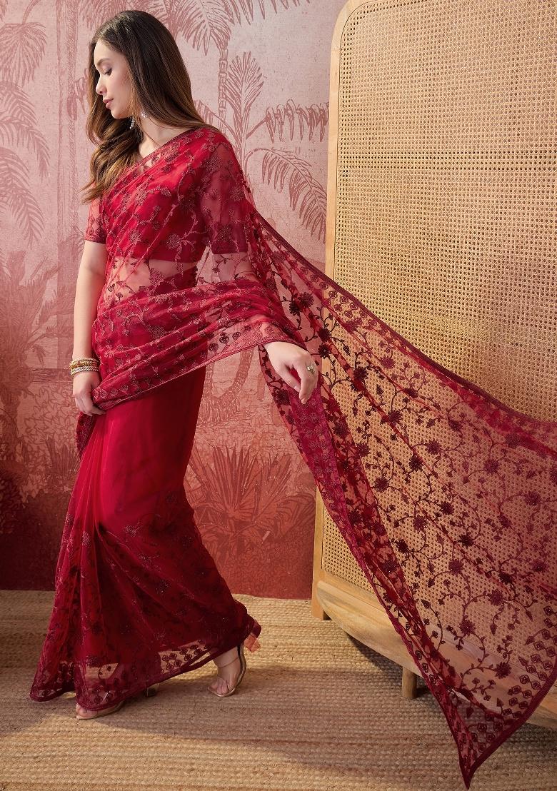 Maroon Embroidered Net Saree Set - Indya