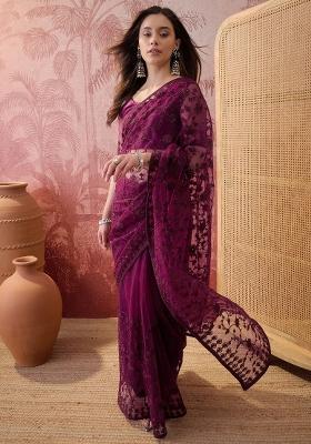 Purple Embroidered Net Saree Set