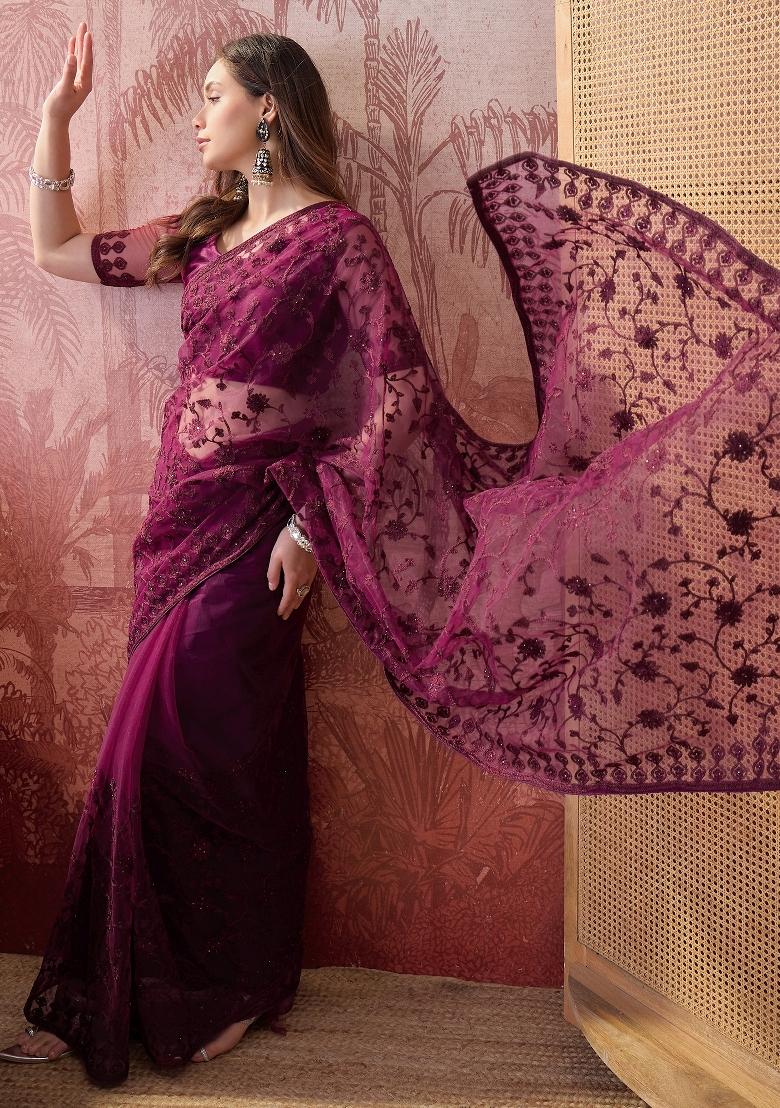 Purple Embroidered Net Saree Set - Indya