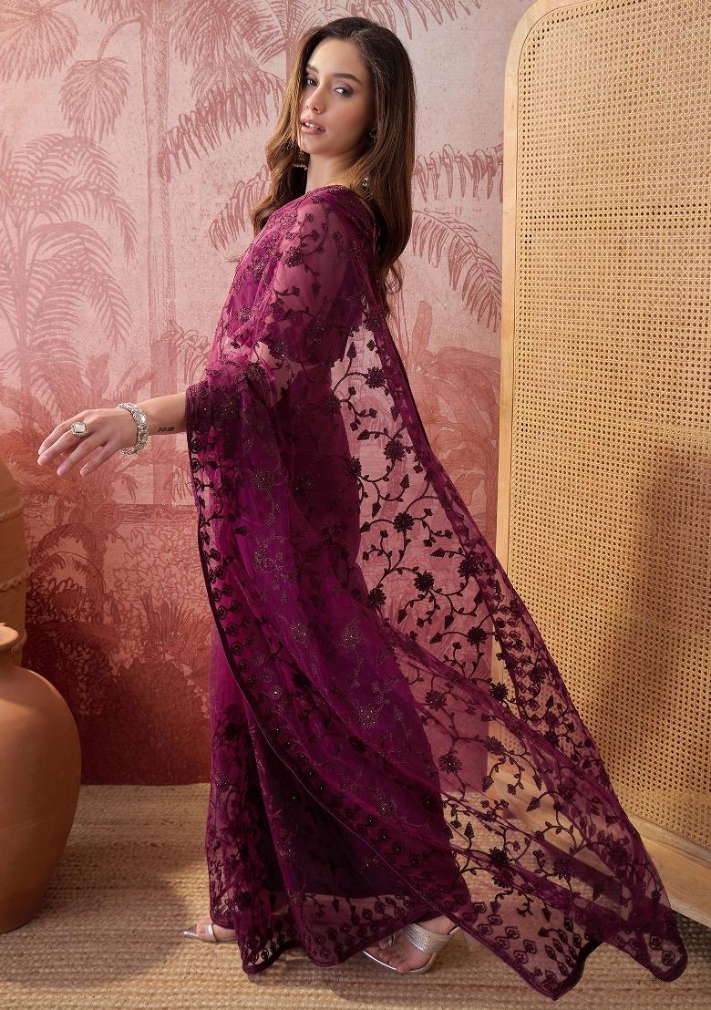 Purple Embroidered Net Saree Set - Indya