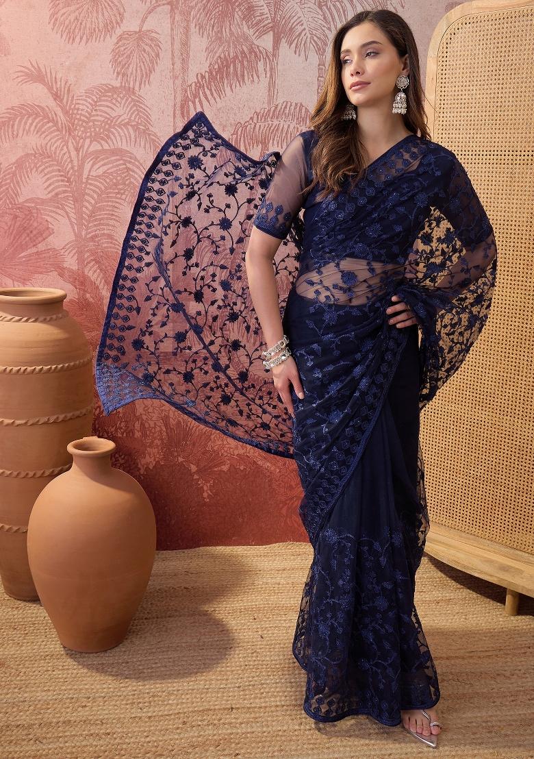 Navy Blue Embroidered Net Saree Set - Indya