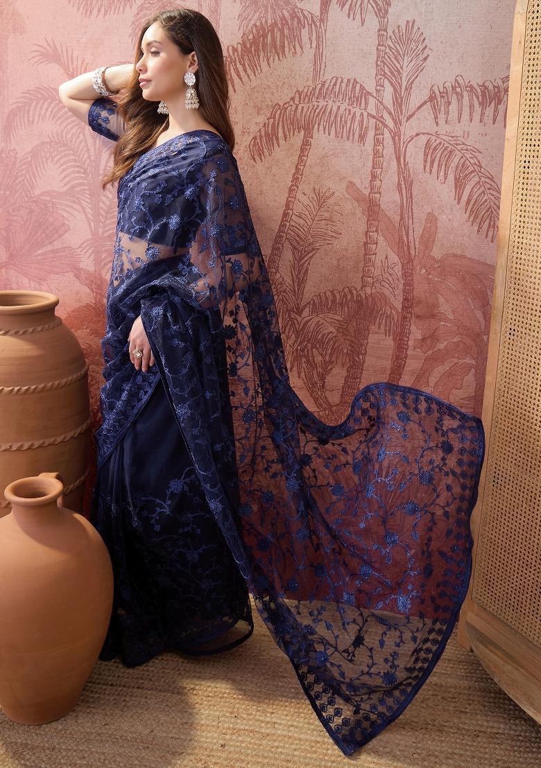 Navy Blue Embroidered Net Saree Set - Indya