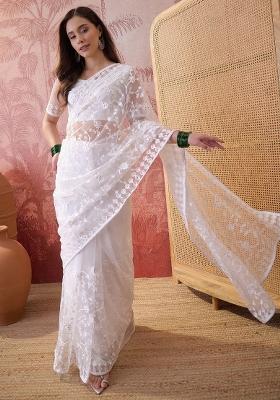 White Embroidered Net Saree Set
