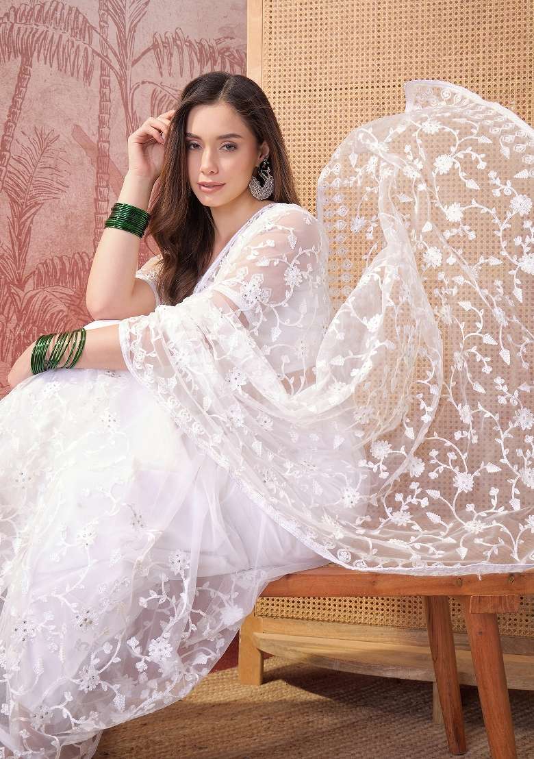 White Net Saree Set with Embroidered for Diwali | Wedding & Festive Wear - Indya