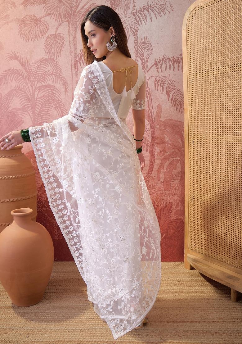 White Embroidered Net Saree Set - Indya