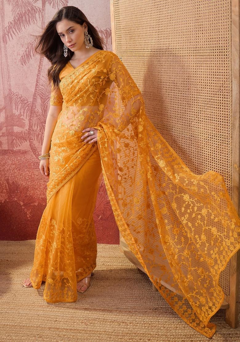 Mustard Embroidered Net Saree Set - Indya