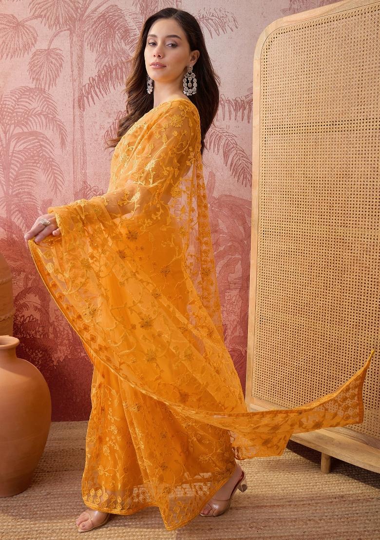 Mustard Embroidered Net Saree Set - Indya
