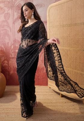 Black Embroidered Net Saree Set