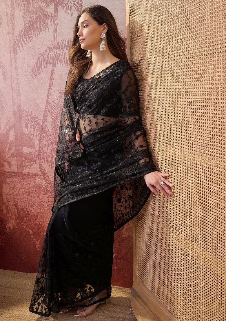 Black Embroidered Net Saree Set - Indya