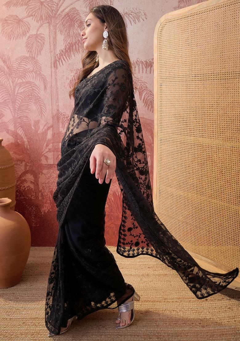 Black Embroidered Net Saree Set - Indya