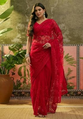 Red Embroidered Net Saree Set