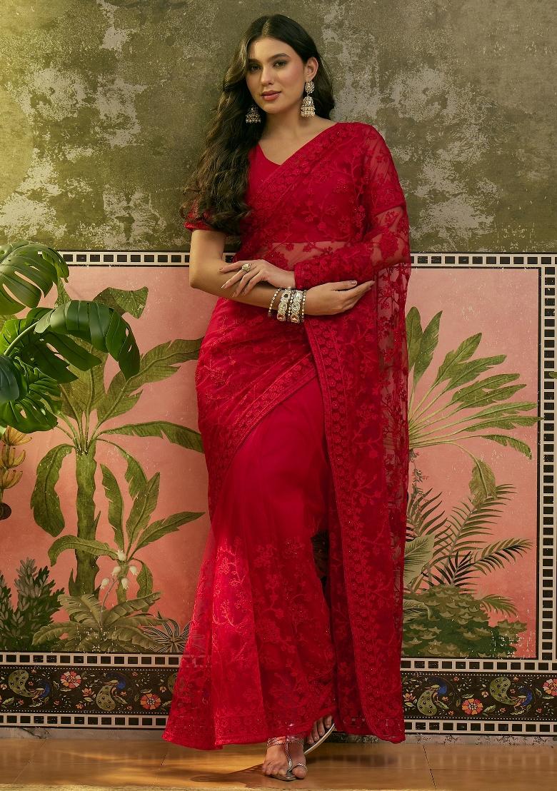 Red Embroidered Net Saree Set - Indya