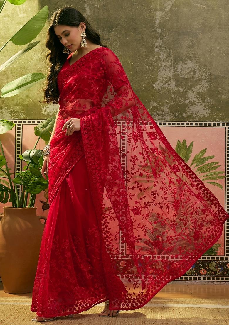 Red Embroidered Net Saree Set - Indya