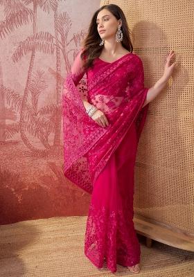 Pink Embroidered Net Saree Set