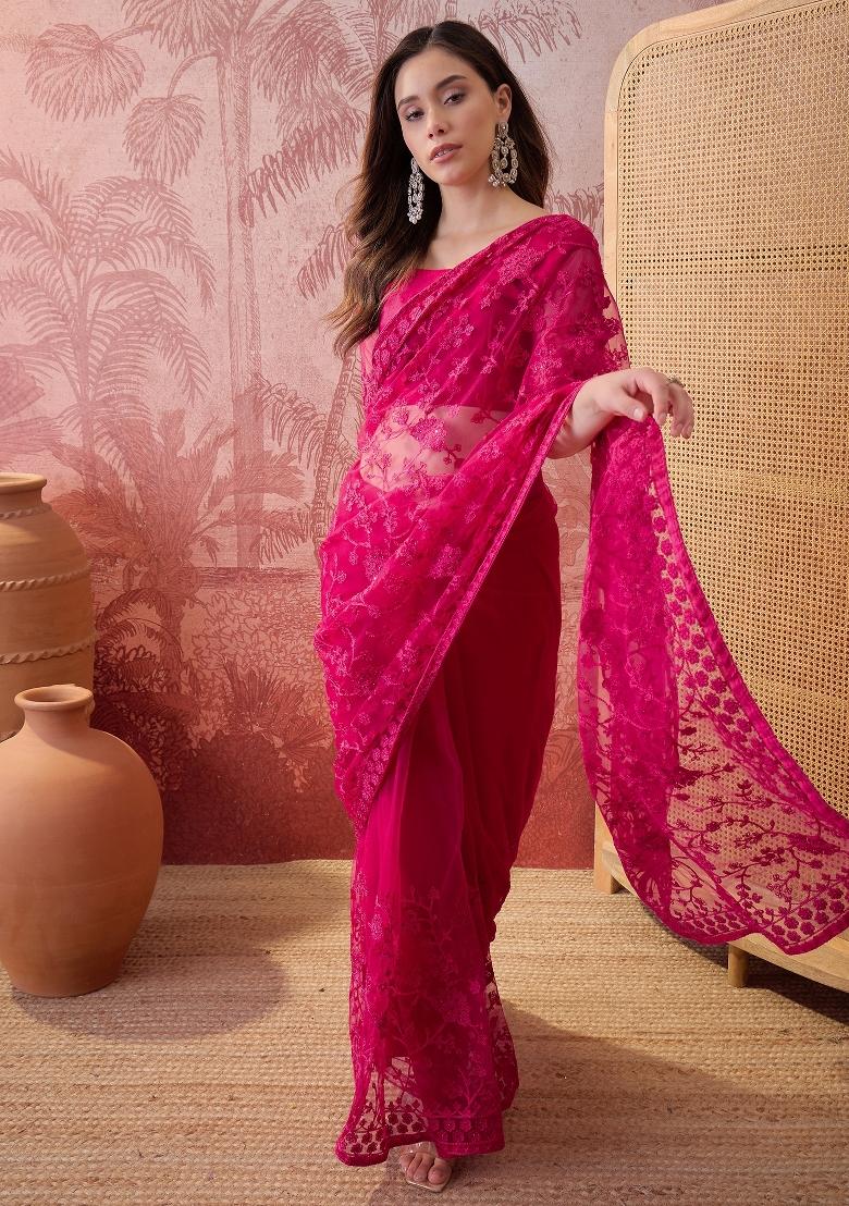 Pink Embroidered Net Saree Set - Indya