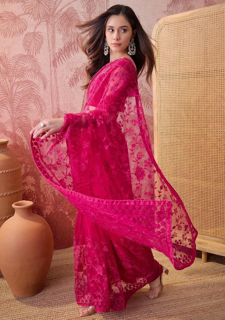 Pink Embroidered Net Saree Set - Indya