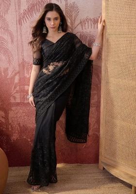Black Embroidered Net Saree Set