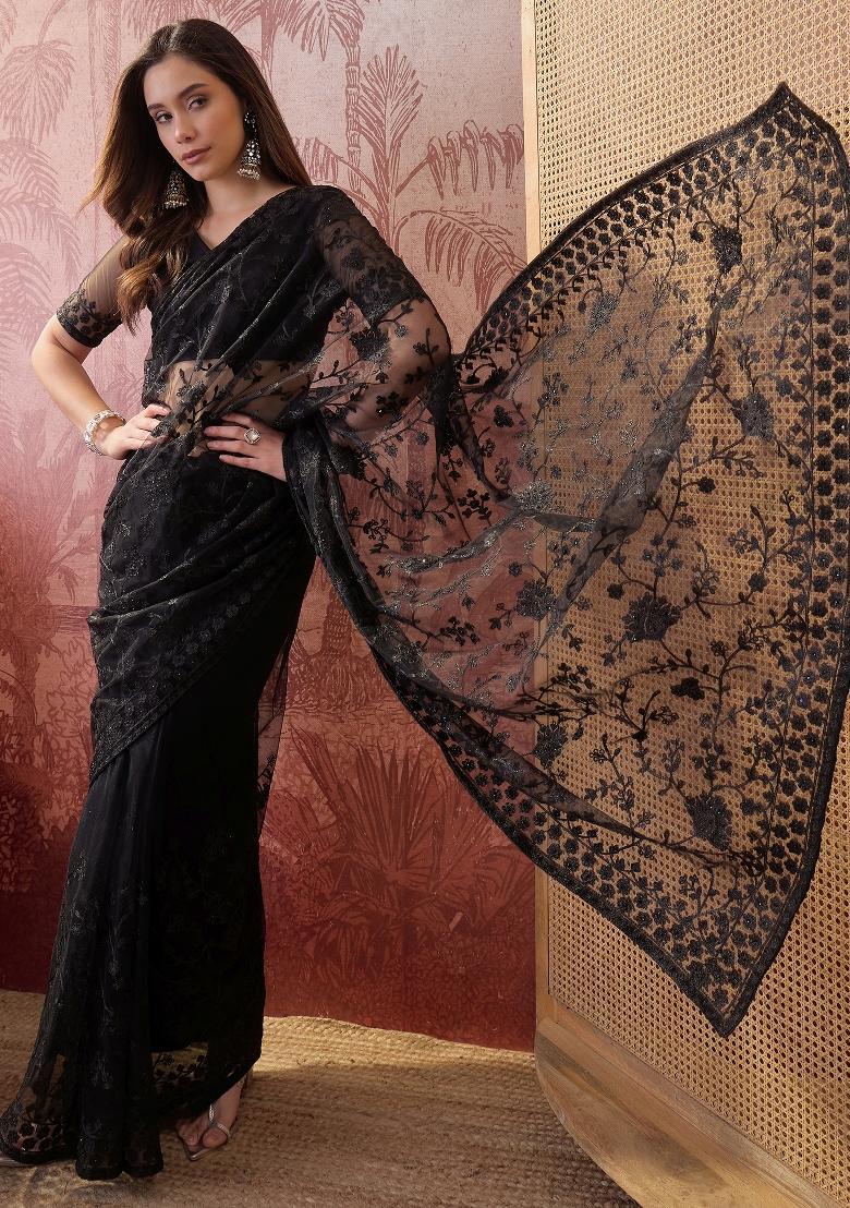 Black Embroidered Net Saree Set - Indya