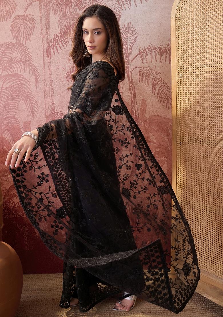 Black Embroidered Net Saree Set - Indya