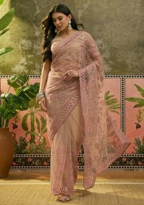 Dusty Pink Embroidered Net Saree Set