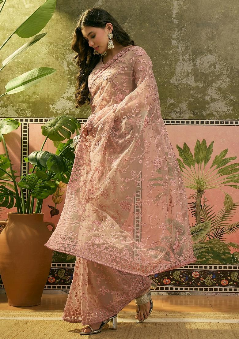 Dusty Pink Embroidered Net Saree Set - Indya
