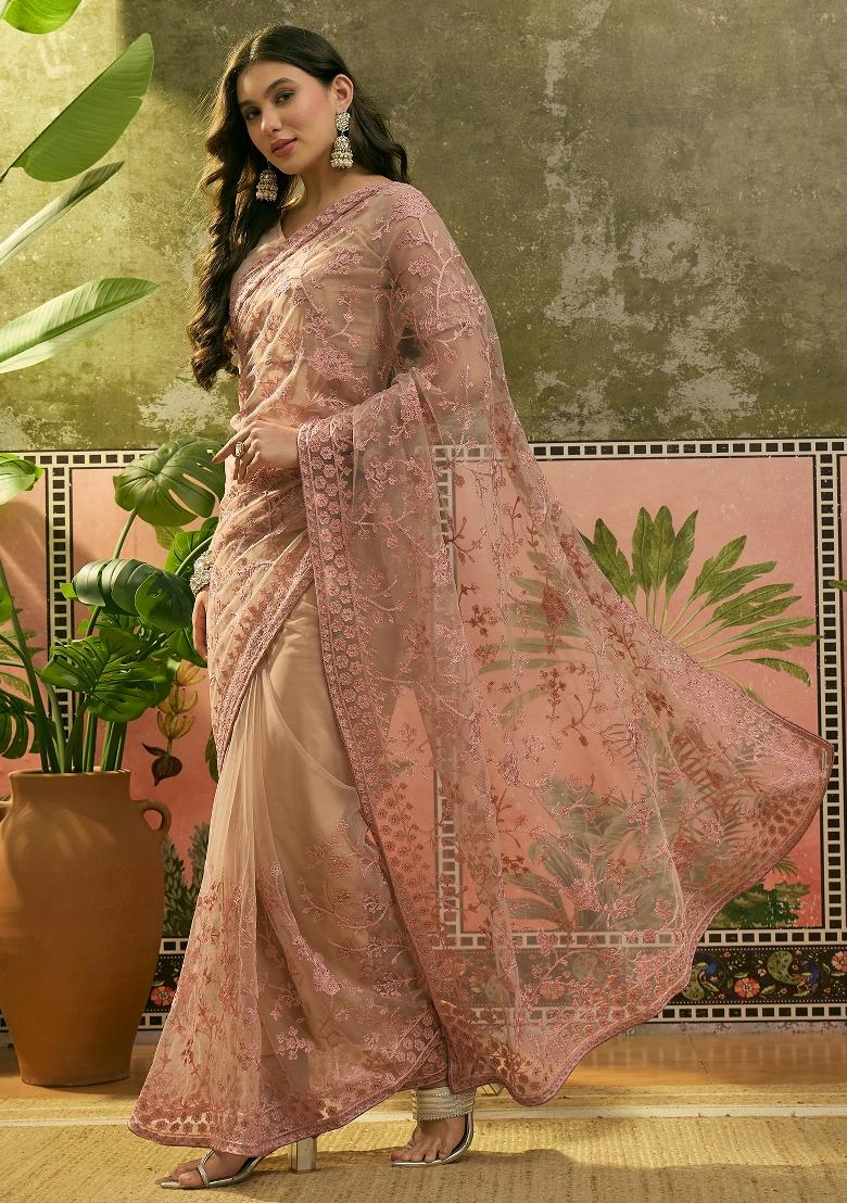 Dusty Pink Embroidered Net Saree Set - Indya