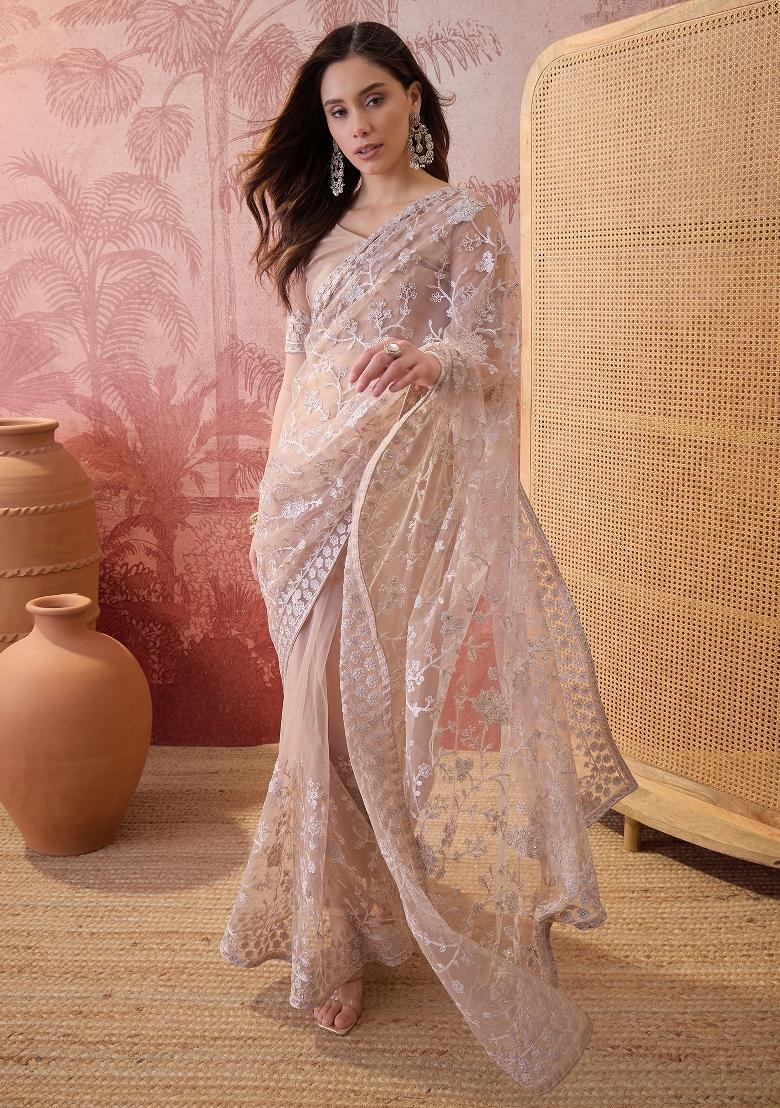 Beige Embroidered Net Saree Set - Indya