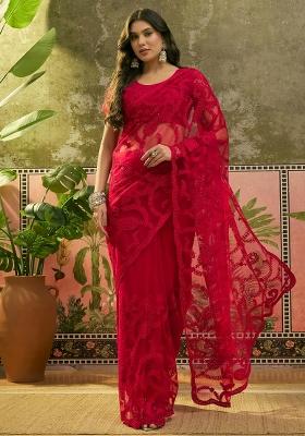 Red Embroidered Net Saree Set