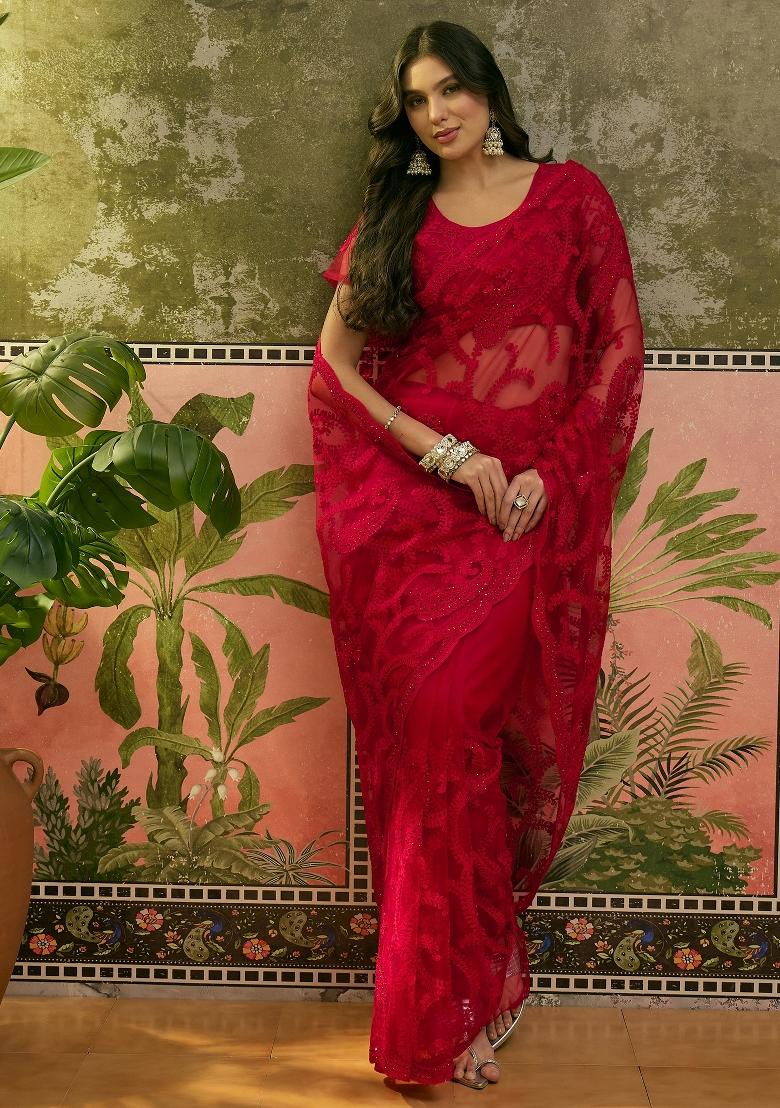 Red Embroidered Net Saree Set - Indya