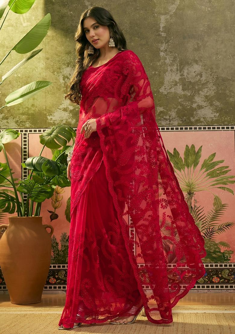 Red Embroidered Net Saree Set - Indya