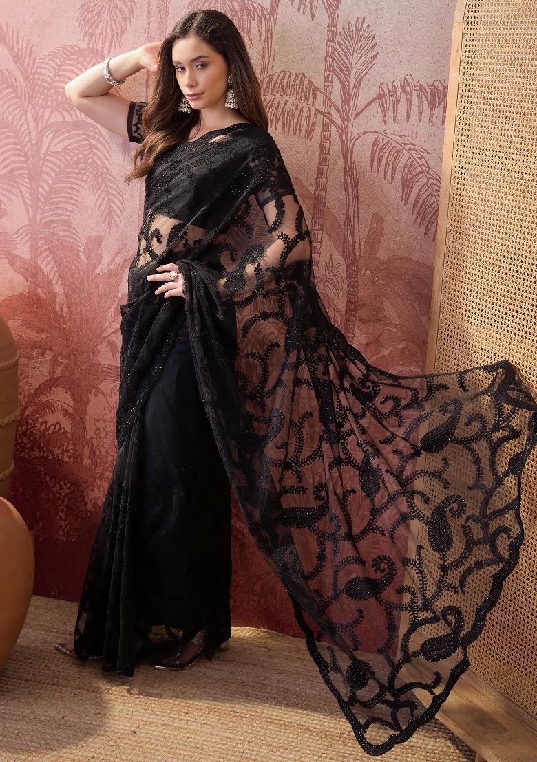Black Embroidered Net Saree Set - Indya