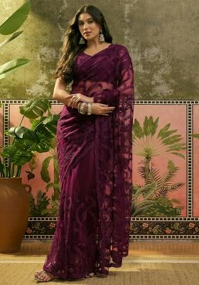 Purple Embroidered Net Saree Set