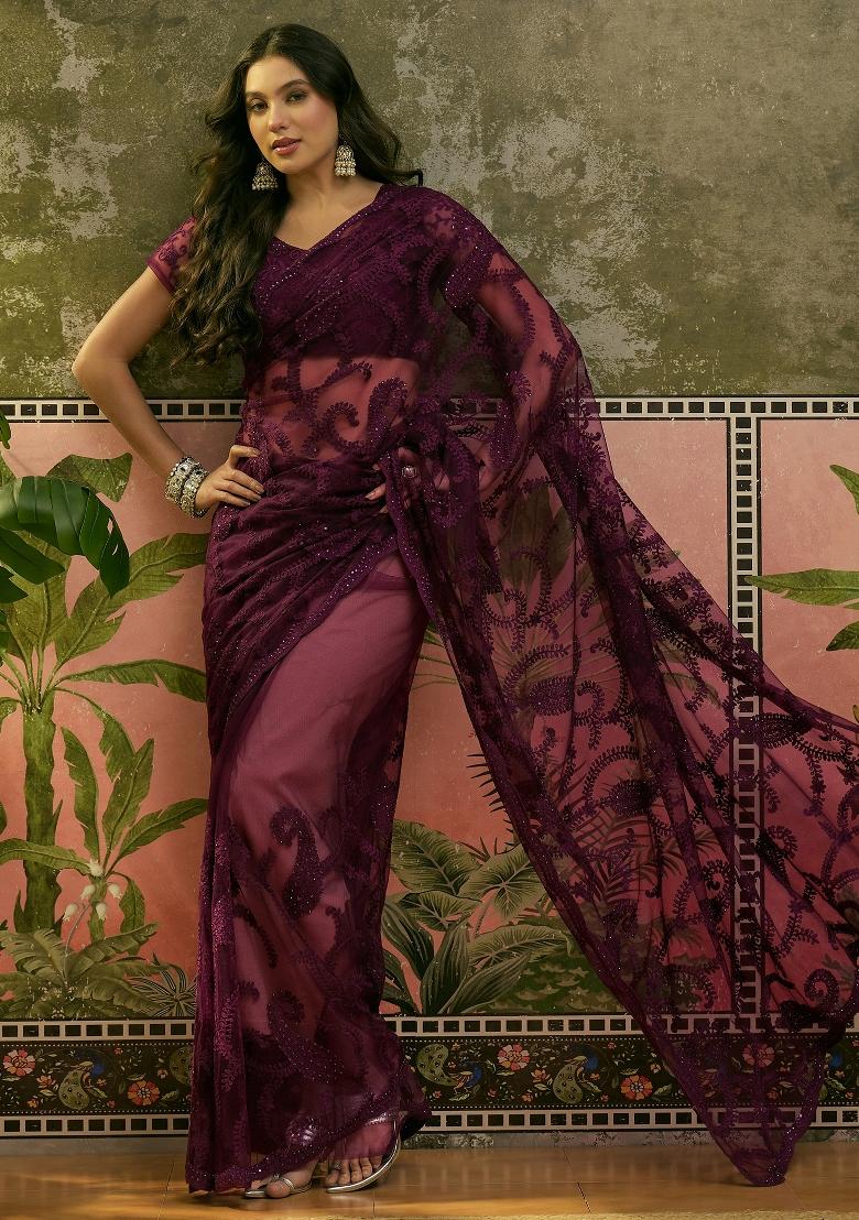 Purple Embroidered Net Saree Set - Indya
