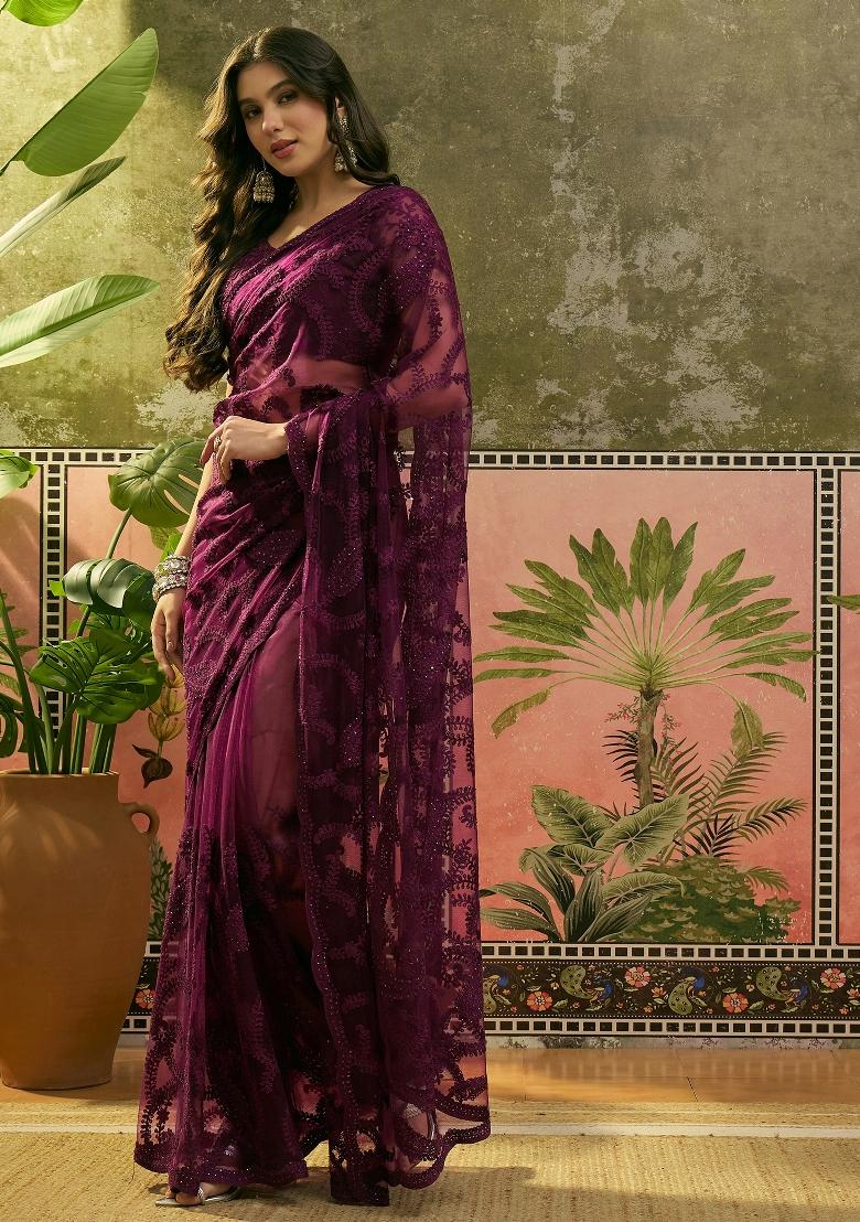 Purple Embroidered Net Saree Set - Indya