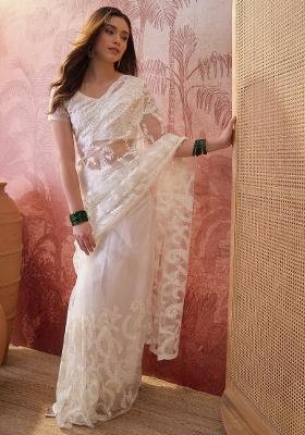 White Embroidered Net Saree Set