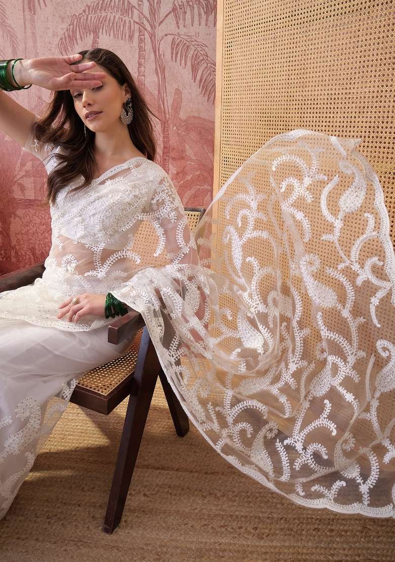 White Net Saree Set with Embroidered for Diwali | Wedding & Festive Wear - Indya