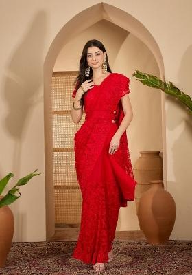 Red Embroidered Net Saree Set