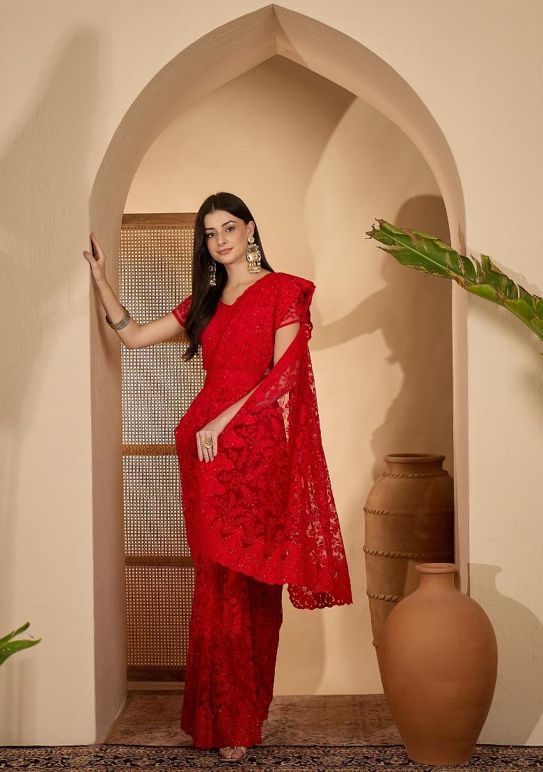 Red Embroidered Net Saree Set - Indya