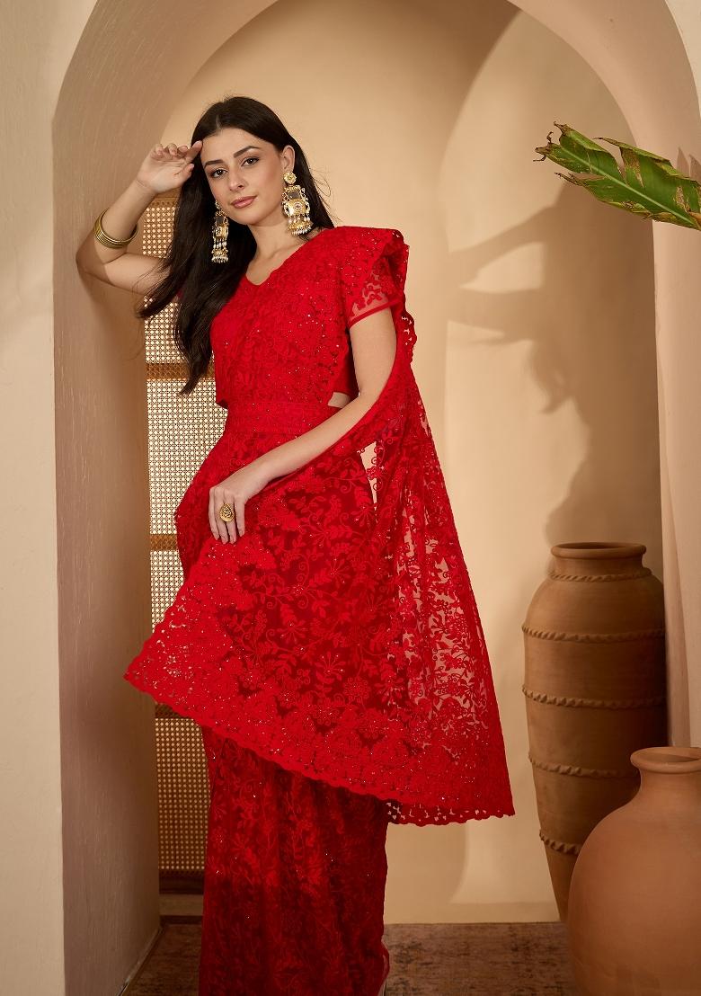 Red Embroidered Net Saree Set - Indya