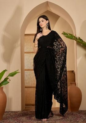 Black Embroidered Net Saree Set