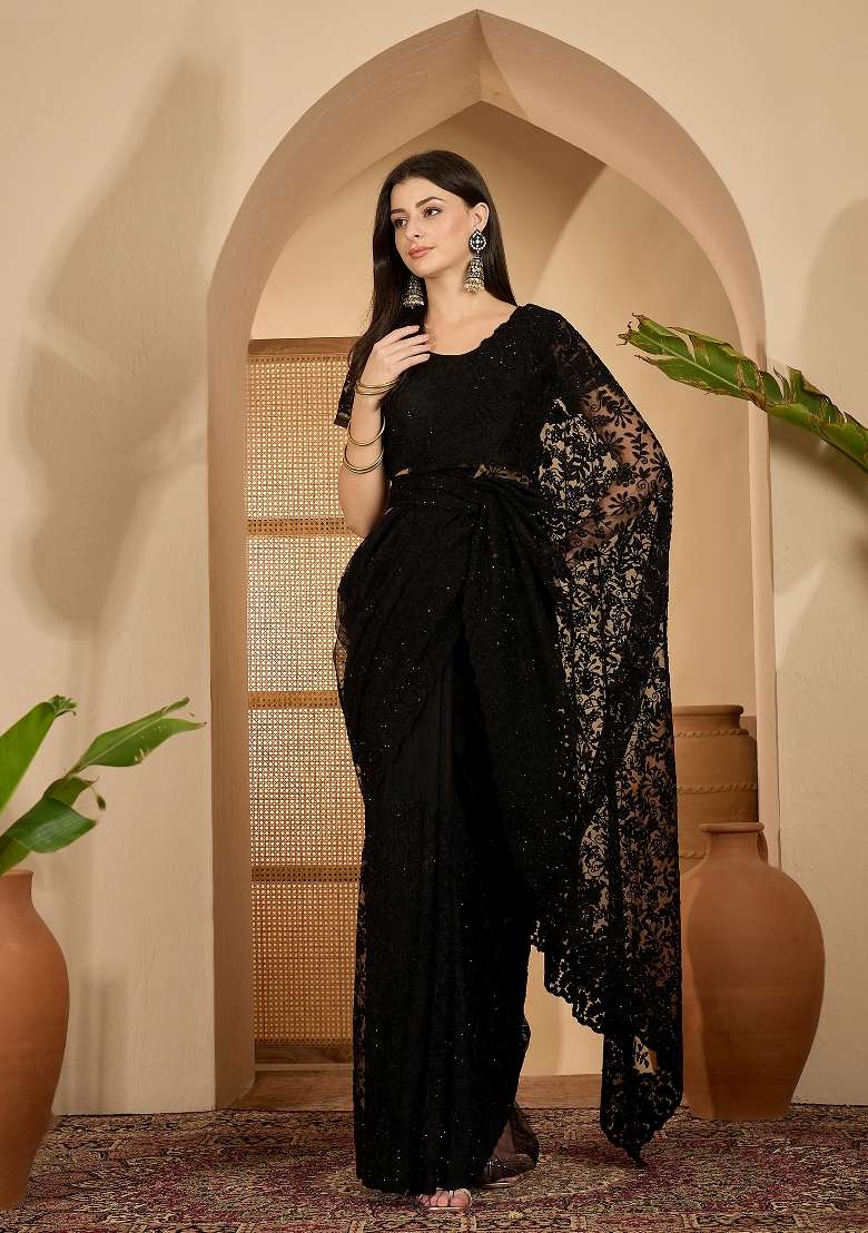 Black Embroidered Net Saree Set for Diwali and Festive Wear - Indya