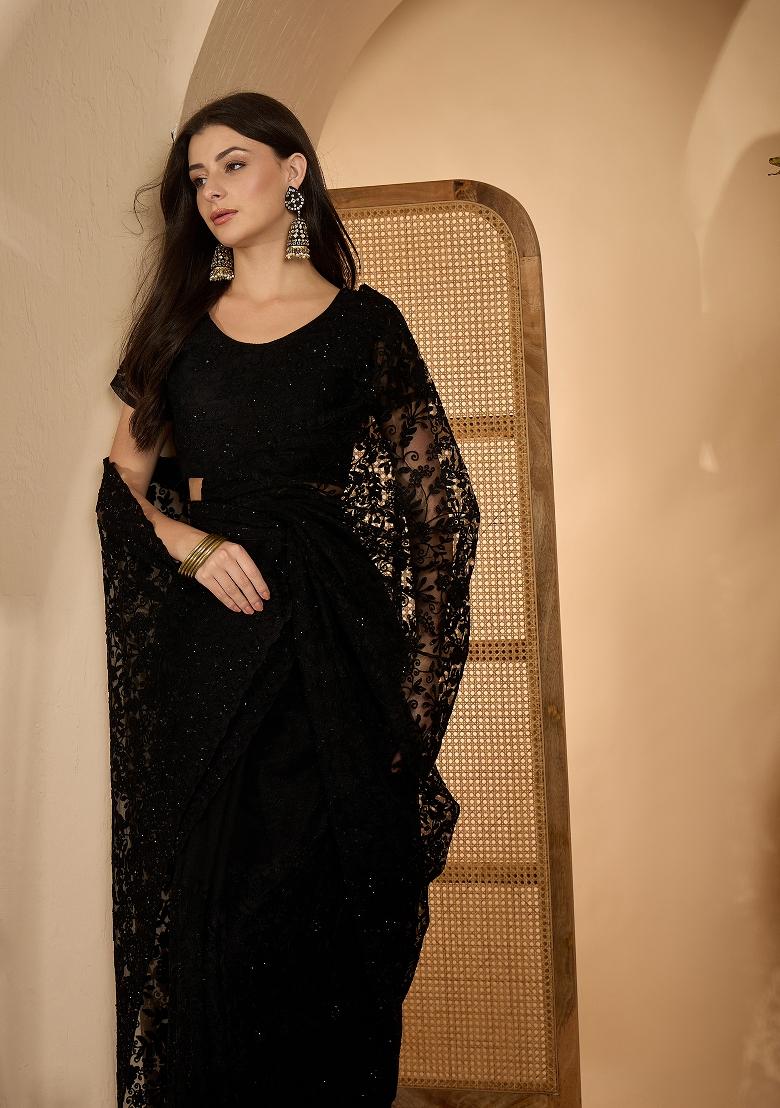Black Embroidered Net Saree Set - Indya