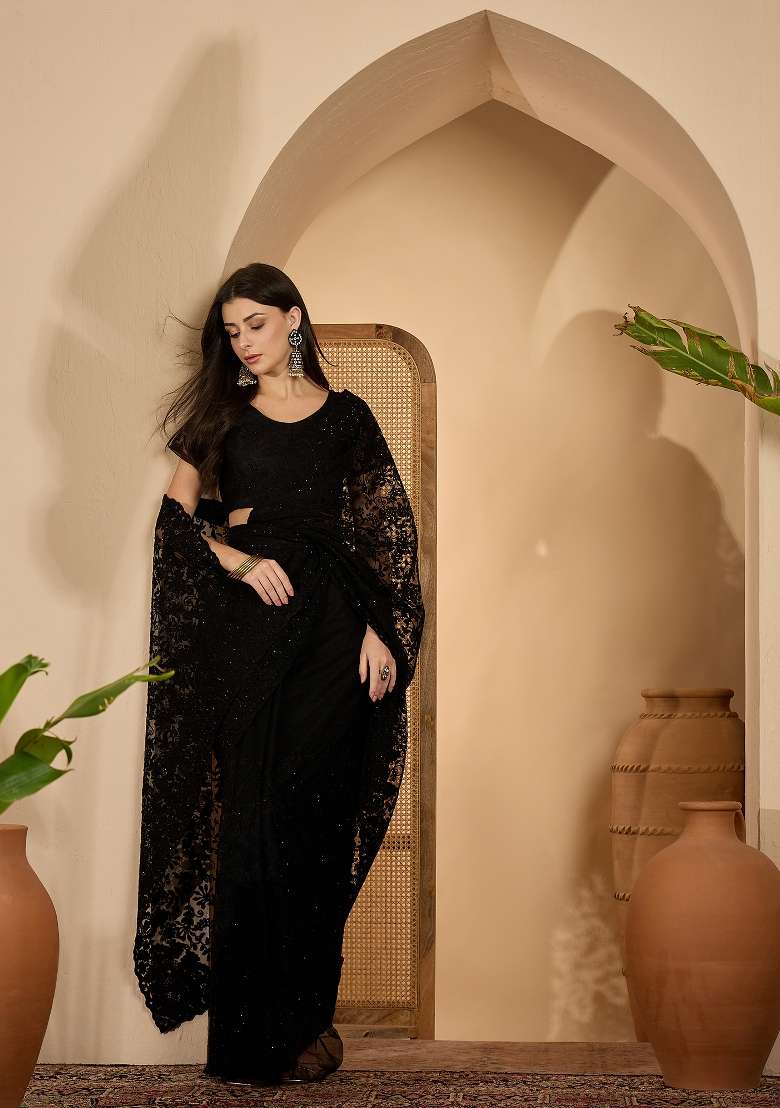 Black Embroidered Net Saree Set for Diwali and Festive Wear - Indya