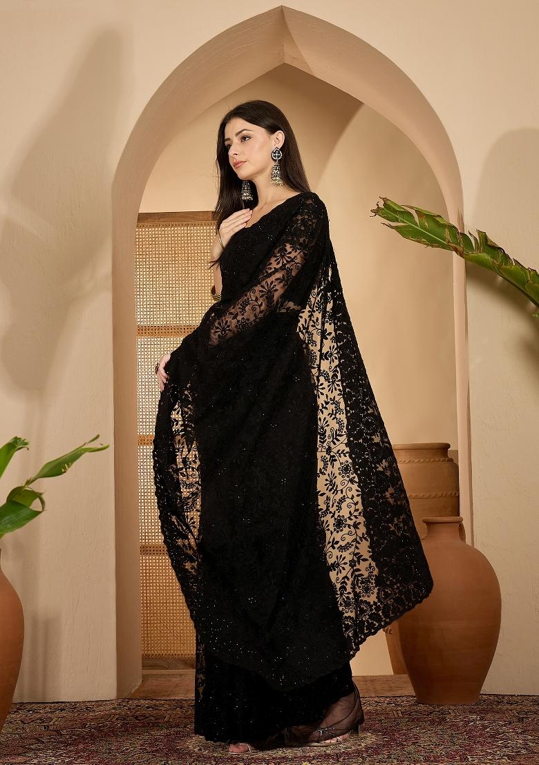 Black Embroidered Net Saree Set - Indya