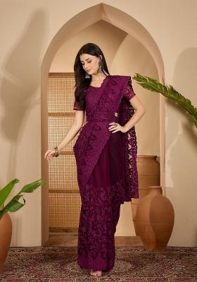 Purple Embroidered Net Saree Set