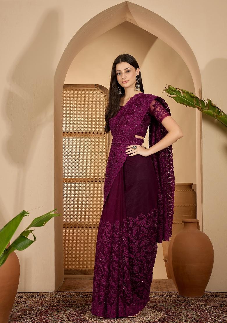 Purple Embroidered Net Saree Set - Indya