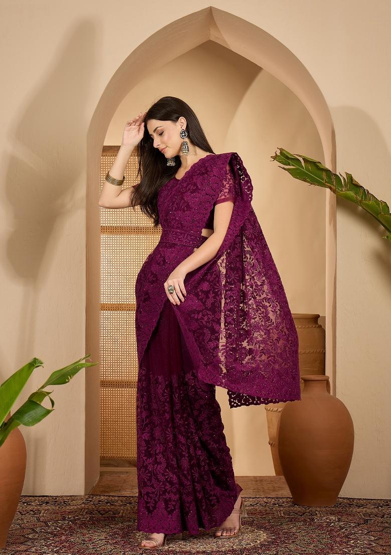 Purple Embroidered Net Saree Set - Indya