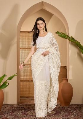 White Embroidered Net Saree Set
